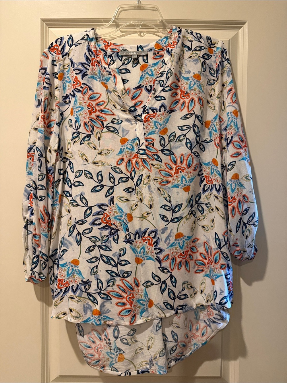 Daniel Rainn White Floral Split-Neck Tunic with Coral & Teal Accents
